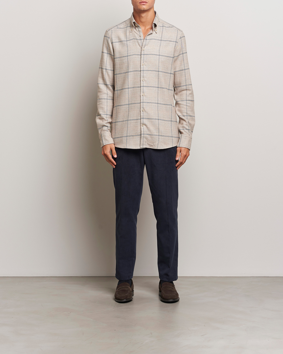 Men | Shirts | Stenströms | Slimline Flannel Overcheck Shirt Light Brown