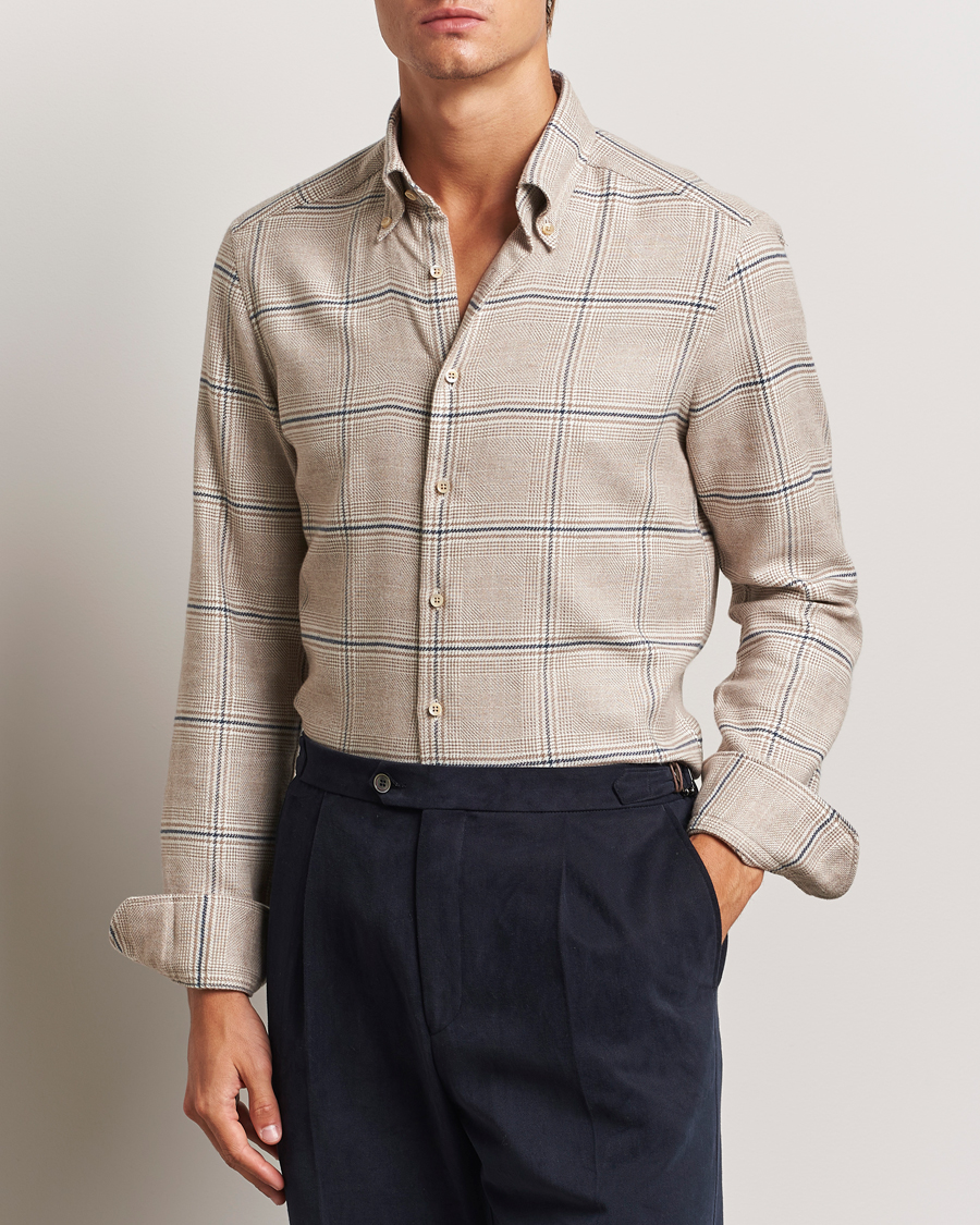 Men | Shirts | Stenströms | Slimline Flannel Overcheck Shirt Light Brown