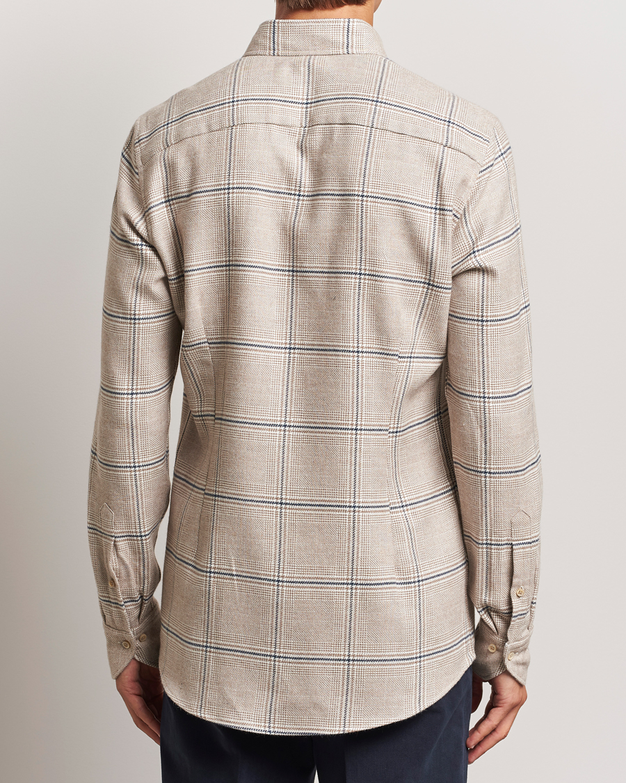 Men | Shirts | Stenströms | Slimline Flannel Overcheck Shirt Light Brown