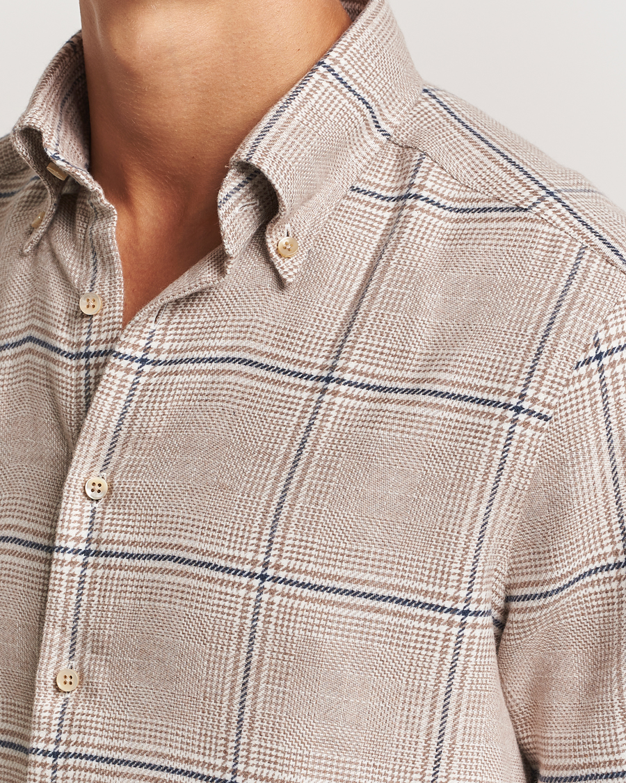Men | Shirts | Stenströms | Slimline Flannel Overcheck Shirt Light Brown