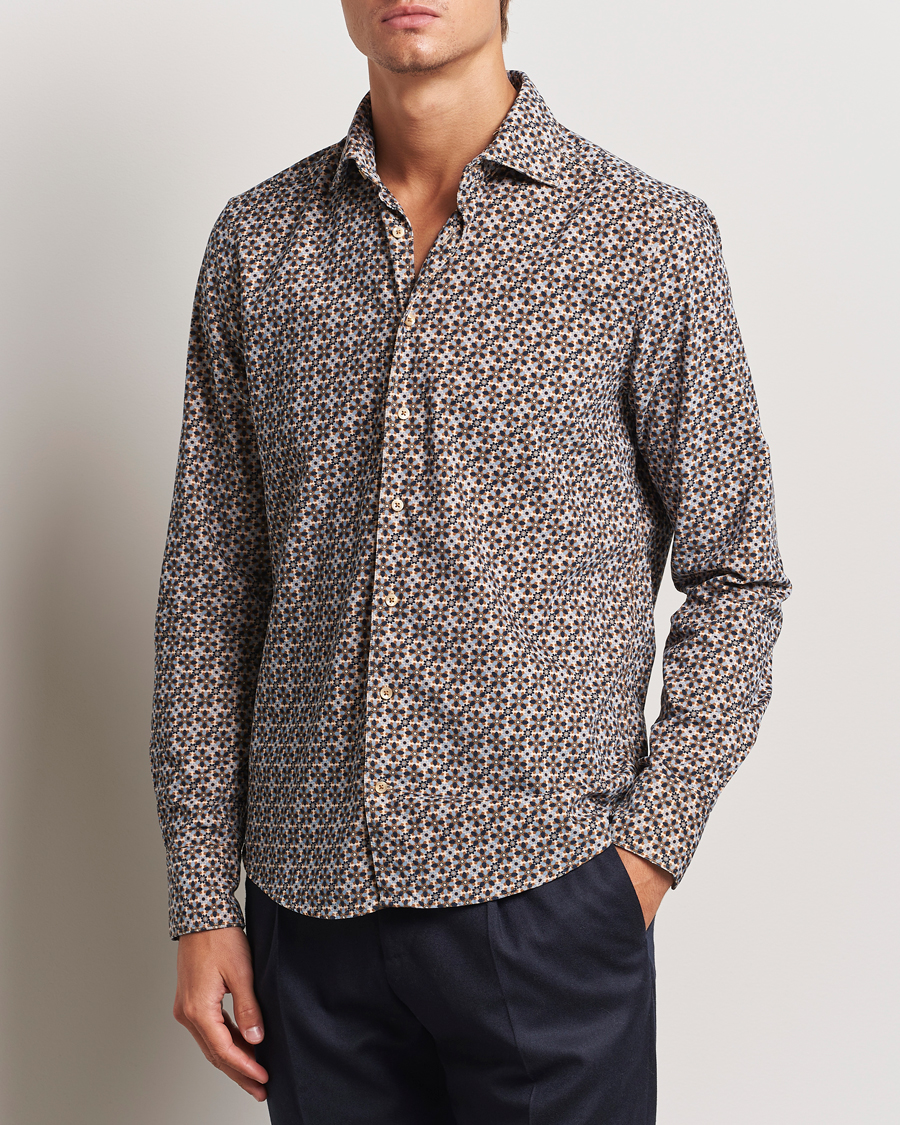 Men | Shirts | Stenströms | Slimline Printed Cord Shirt Brown