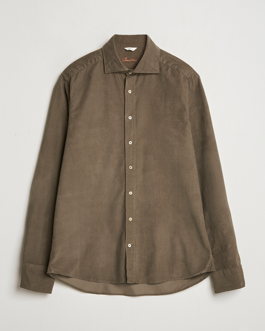 Men | Shirts | Stenströms | Slimline Cut Away Cord Shirt Dark Green