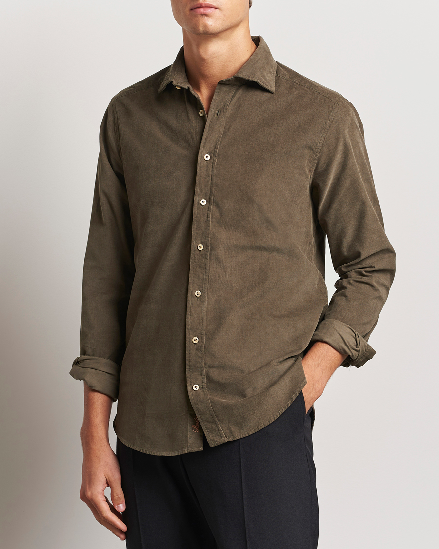 Men | Shirts | Stenströms | Slimline Cut Away Cord Shirt Dark Green
