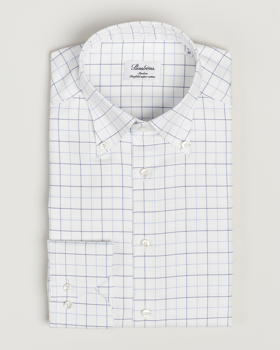 Men | Shirts | Stenströms | Slimline Checked Oxford Button Down Shirt White