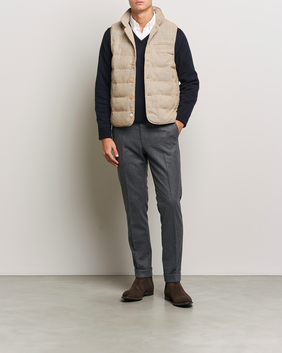 Men | Coats & Jackets | Stenströms | Padded Herringbone Wool Vest Brown
