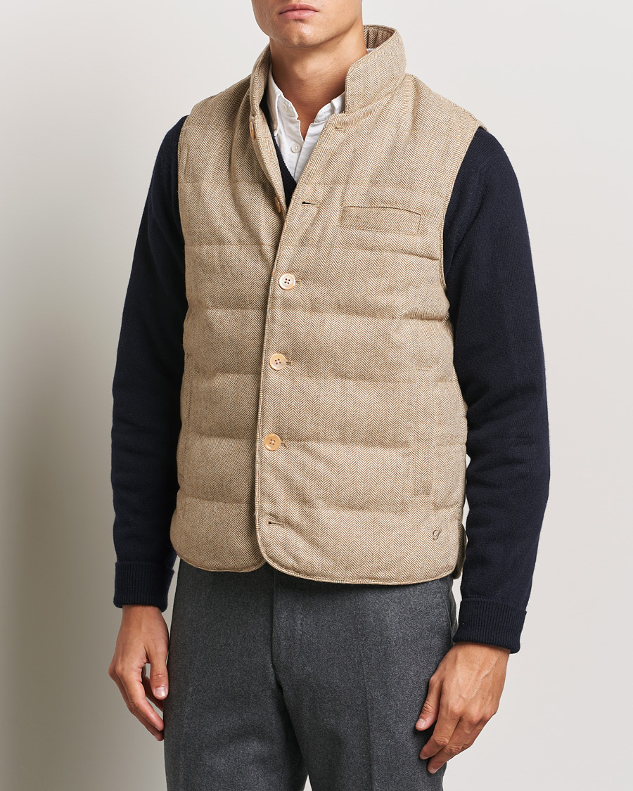 Men | Coats & Jackets | Stenströms | Padded Herringbone Wool Vest Brown