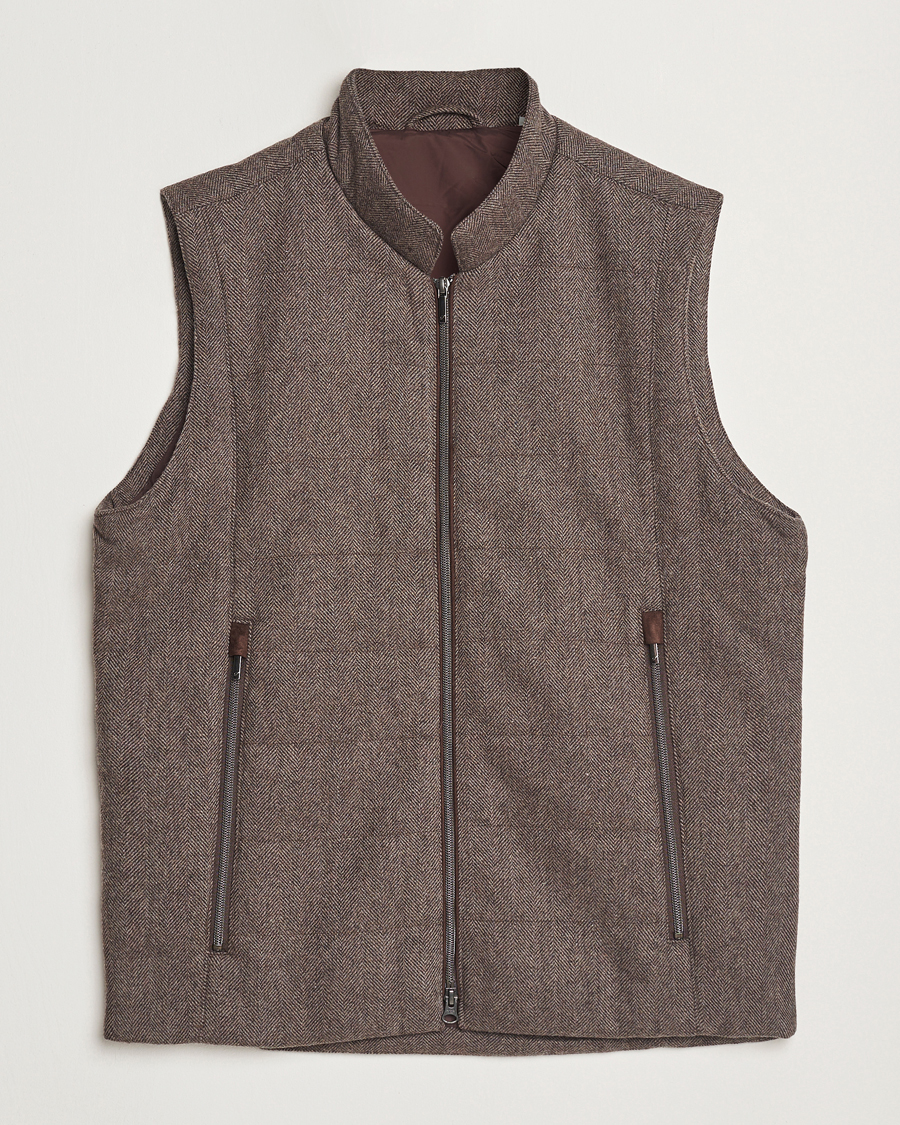 Men | Coats & Jackets | Stenströms | Alcantara Detail Herringbone Wool Vest Dark Brown