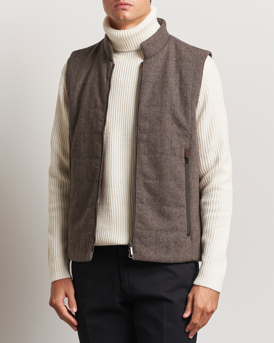 Men | Coats & Jackets | Stenströms | Alcantara Detail Herringbone Wool Vest Dark Brown
