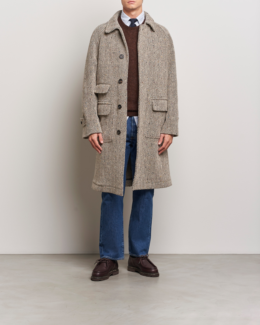 Men | Coats & Jackets | Drake's | Herringbone Tweed Raglan Coat Oat Fleck