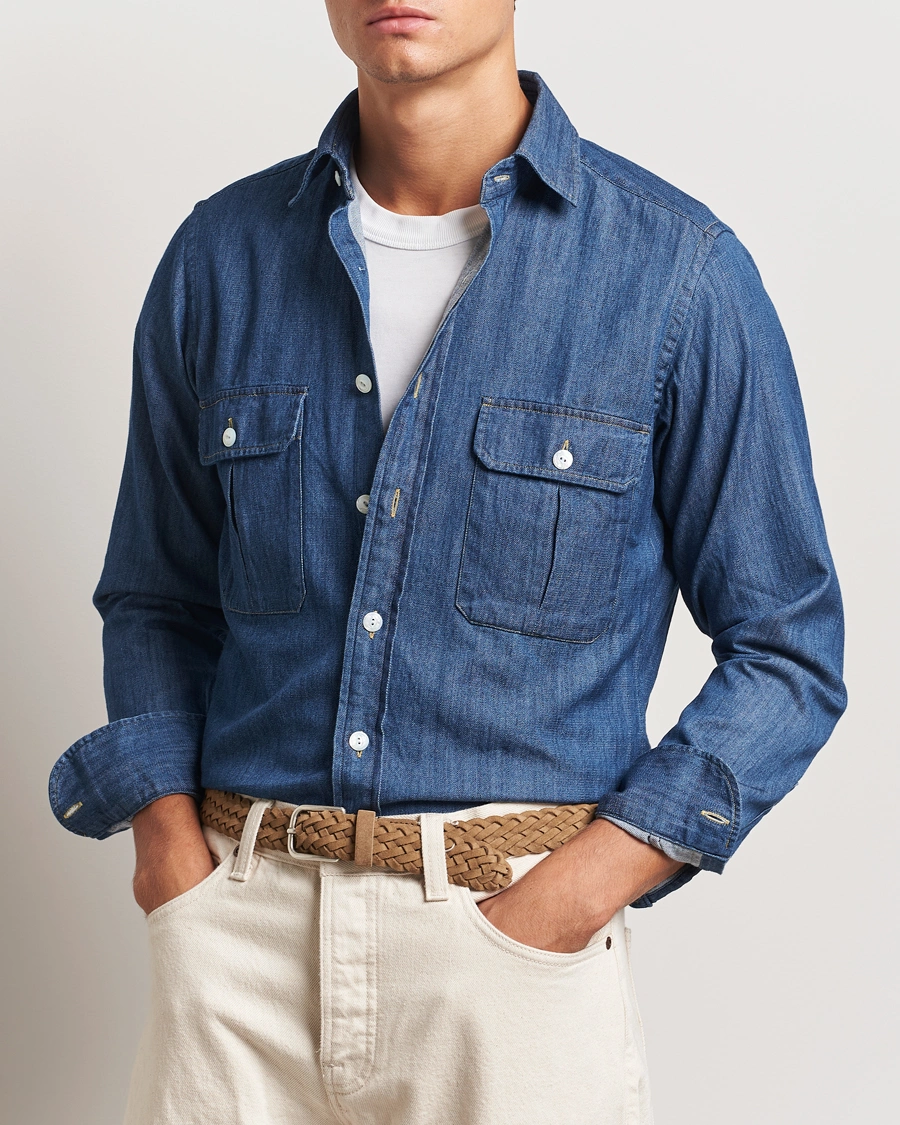 Men | Shirts | Drake's | Denim Cotton Two Pocket Work Shirt Blue