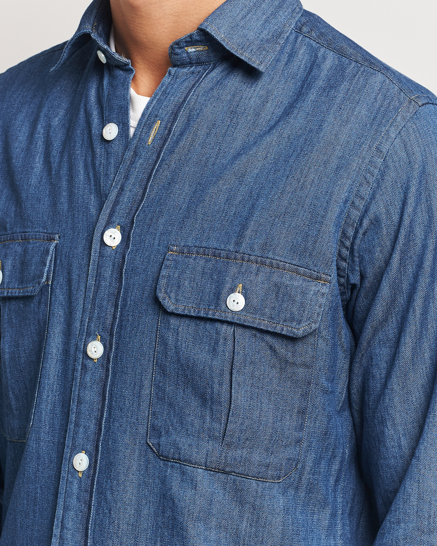 Men | Shirts | Drake's | Denim Cotton Two Pocket Work Shirt Blue