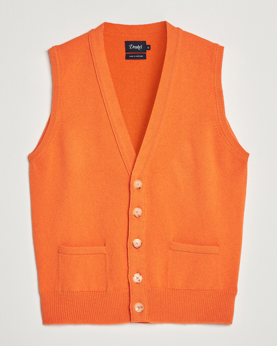 Men | Sweaters & Knitwear | Drake's | Lambswool Vest Cardigan Orange