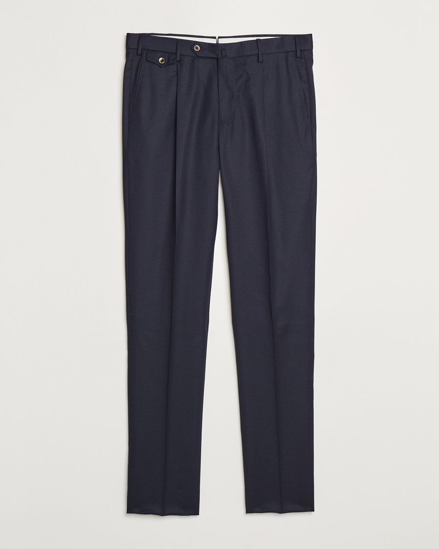 Men | Trousers | PT01 | Slim Fit Pleated Flannel Trousers Navy