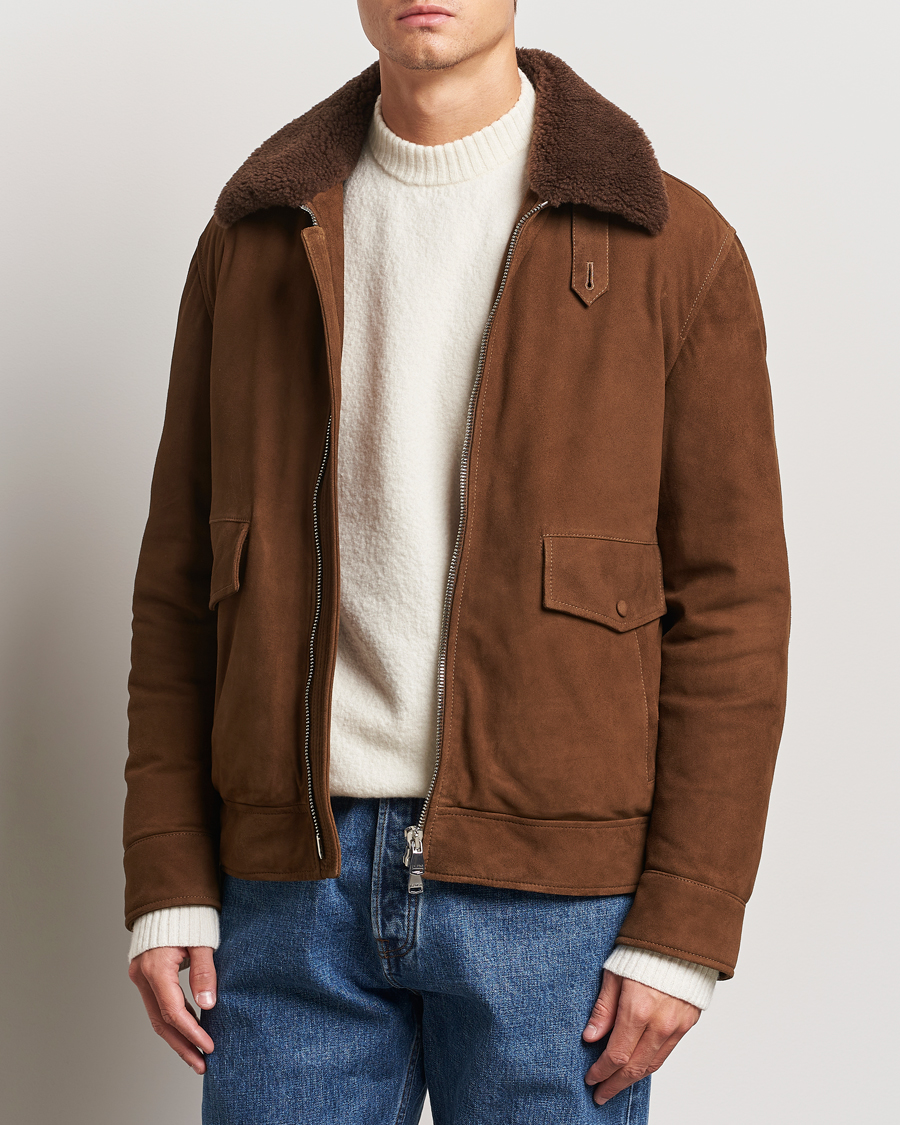 Men | Coats & Jackets | Valstar | Goose Down Shearling Flight Jacket Brown Suede