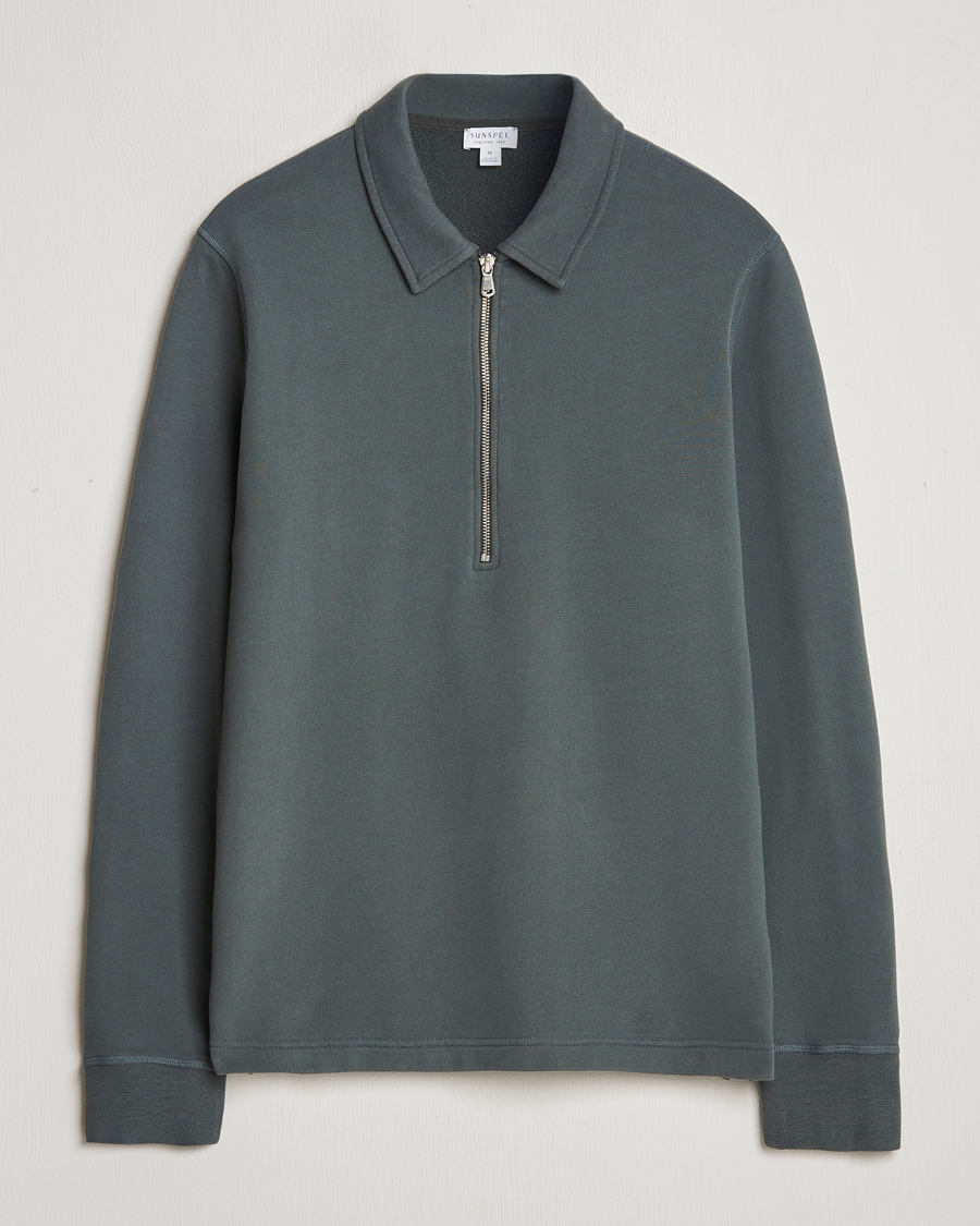 Men | Sweaters & Knitwear | Sunspel | Zip Loopback Sweatshirt Polo Drill Green