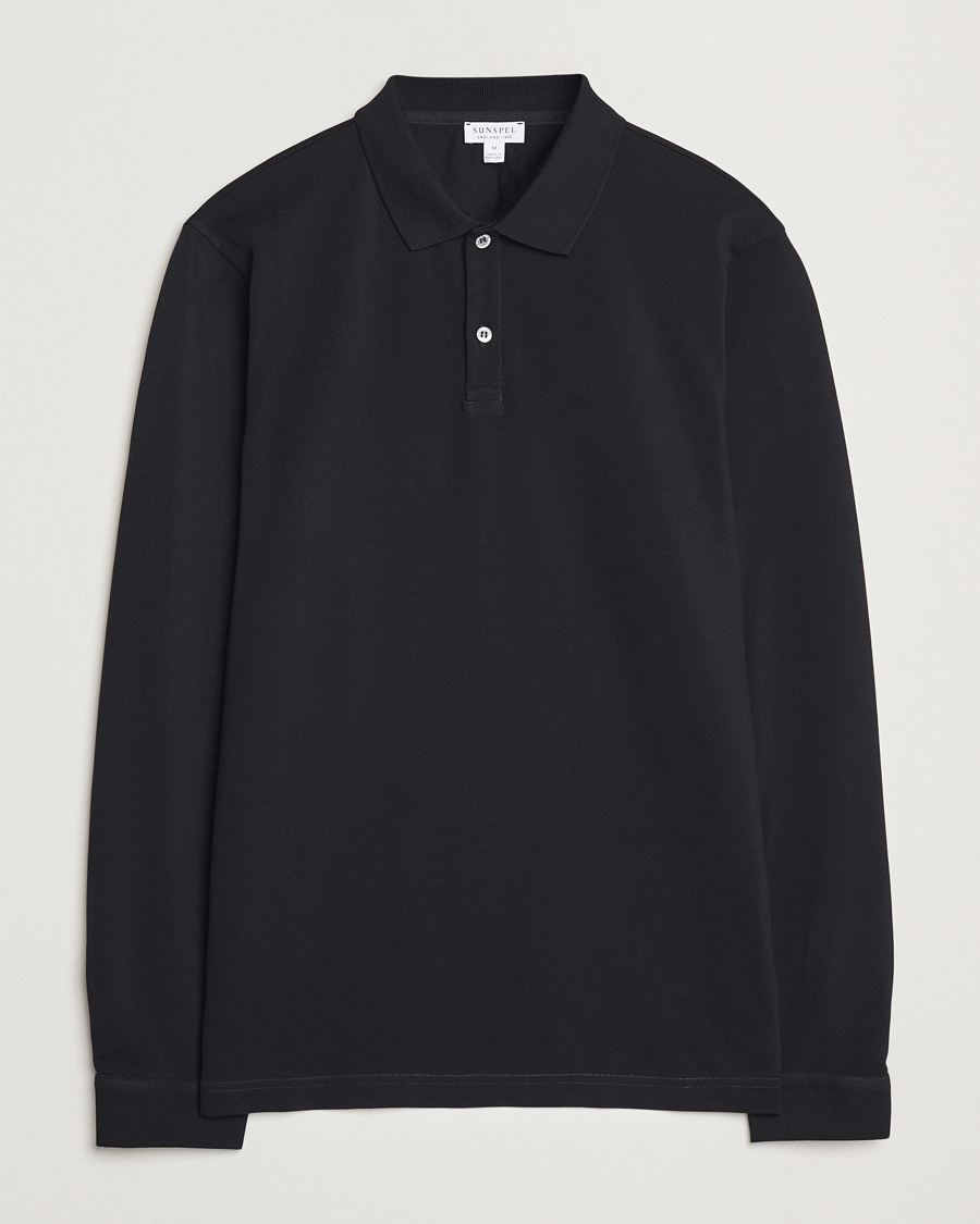 Men | Sweaters & Knitwear | Sunspel | Long Sleeve Pique Poloshirt Black