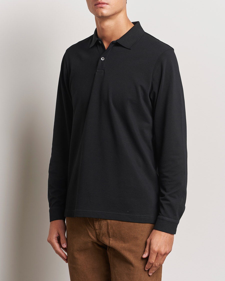 Men | Sweaters & Knitwear | Sunspel | Long Sleeve Pique Poloshirt Black
