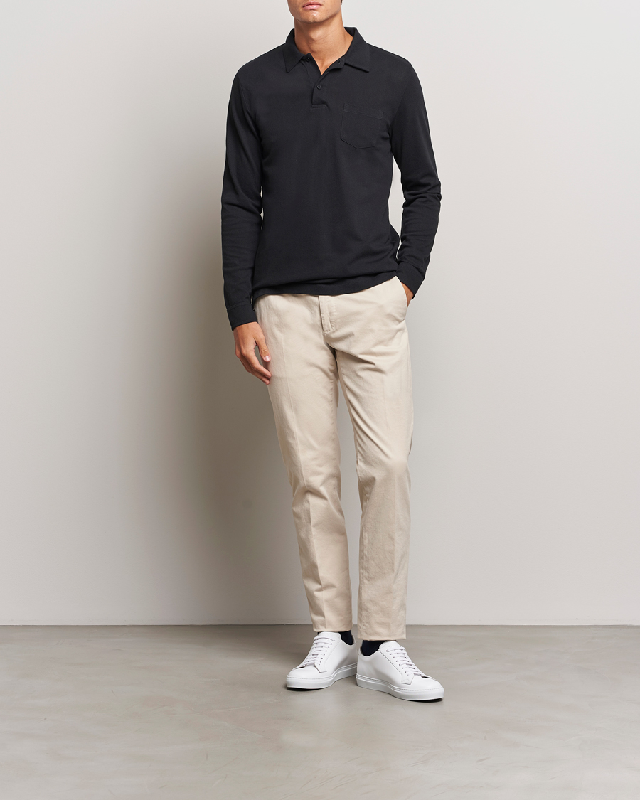 Men | Sweaters & Knitwear | Sunspel | Riviera Long Sleeve Polo Black