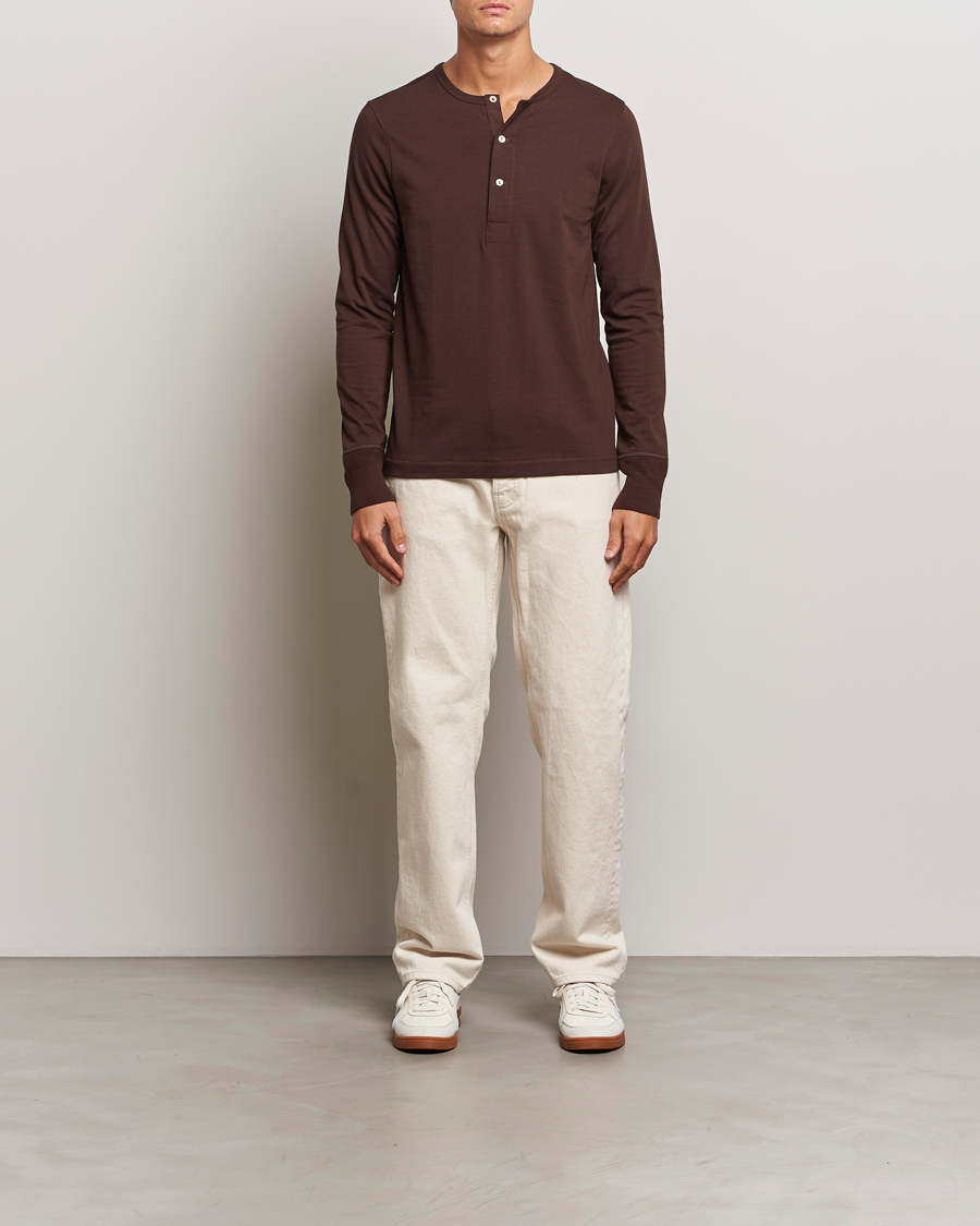 Men | Sweaters & Knitwear | Merz b. Schwanen | Classic Organic Cotton Henley Coffee