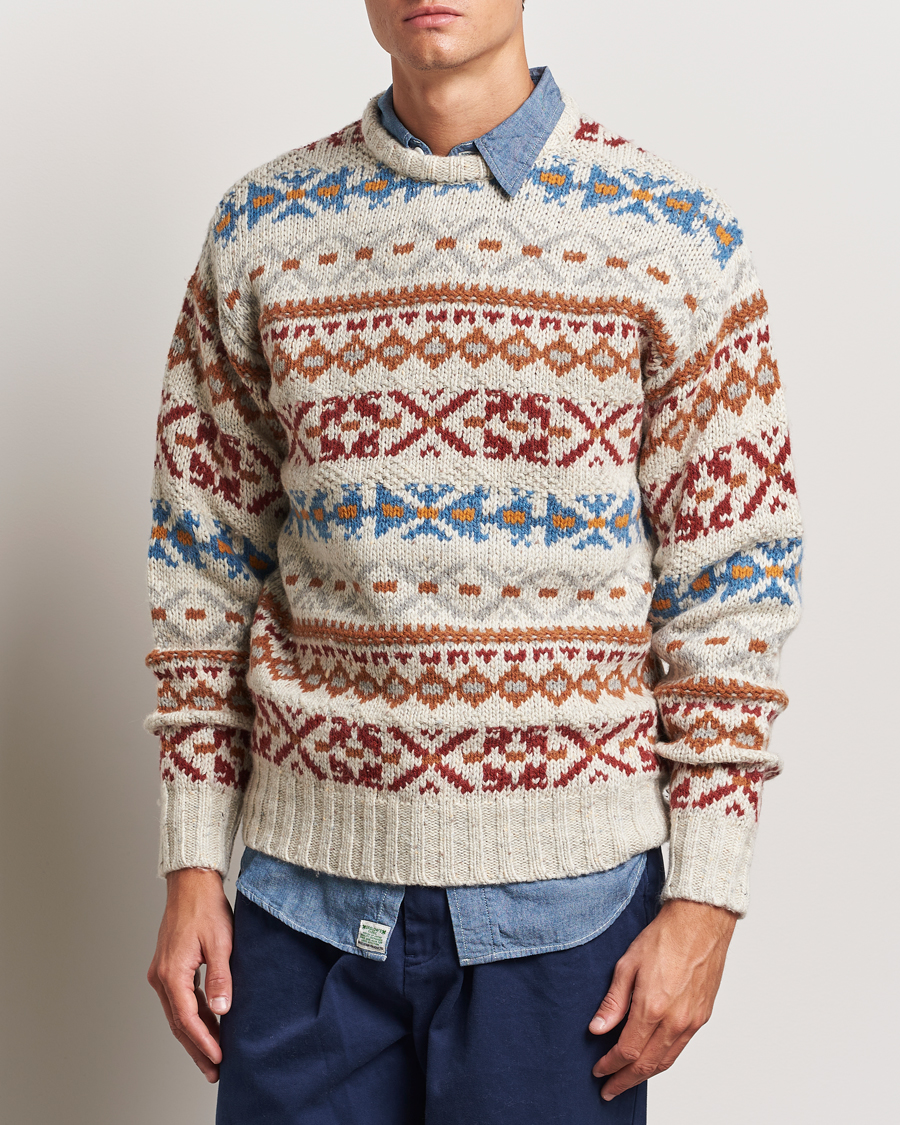 BEAMS PLUS Fair Isle Crew Neck Sweater Off White at CareOfCarl.com
