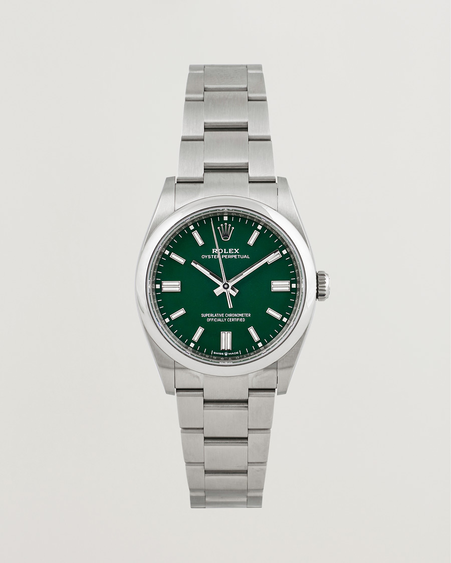 Men | Rolex Pre-Owned Oyster Perpetual 36 126000 Steel Green Silver | Rolex Pre-Owned | Oyster Perpetual 36 126000 Steel Green Silver