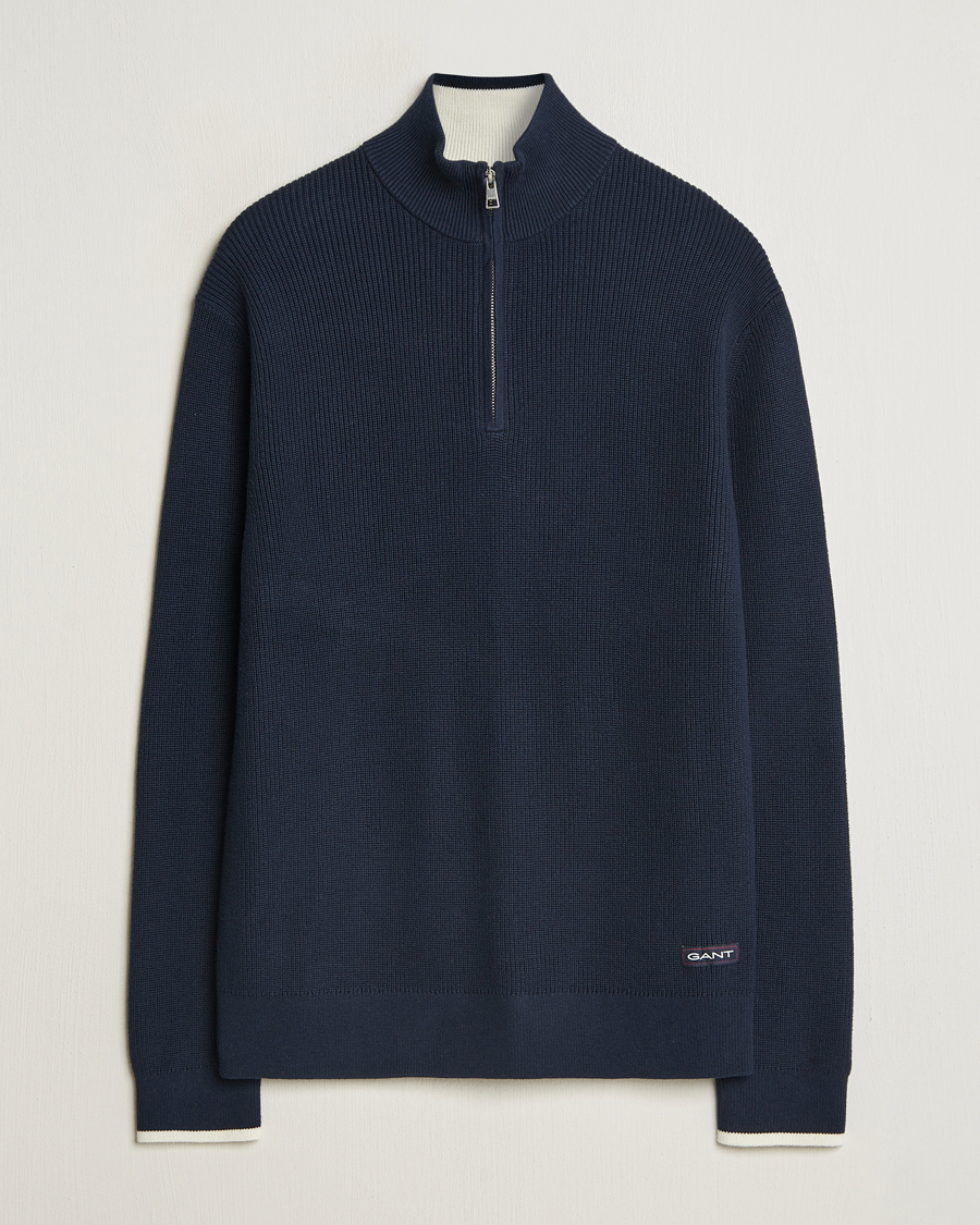 Men | Sweaters & Knitwear | GANT | Ribbed Cotton Half Zip Evening Blue