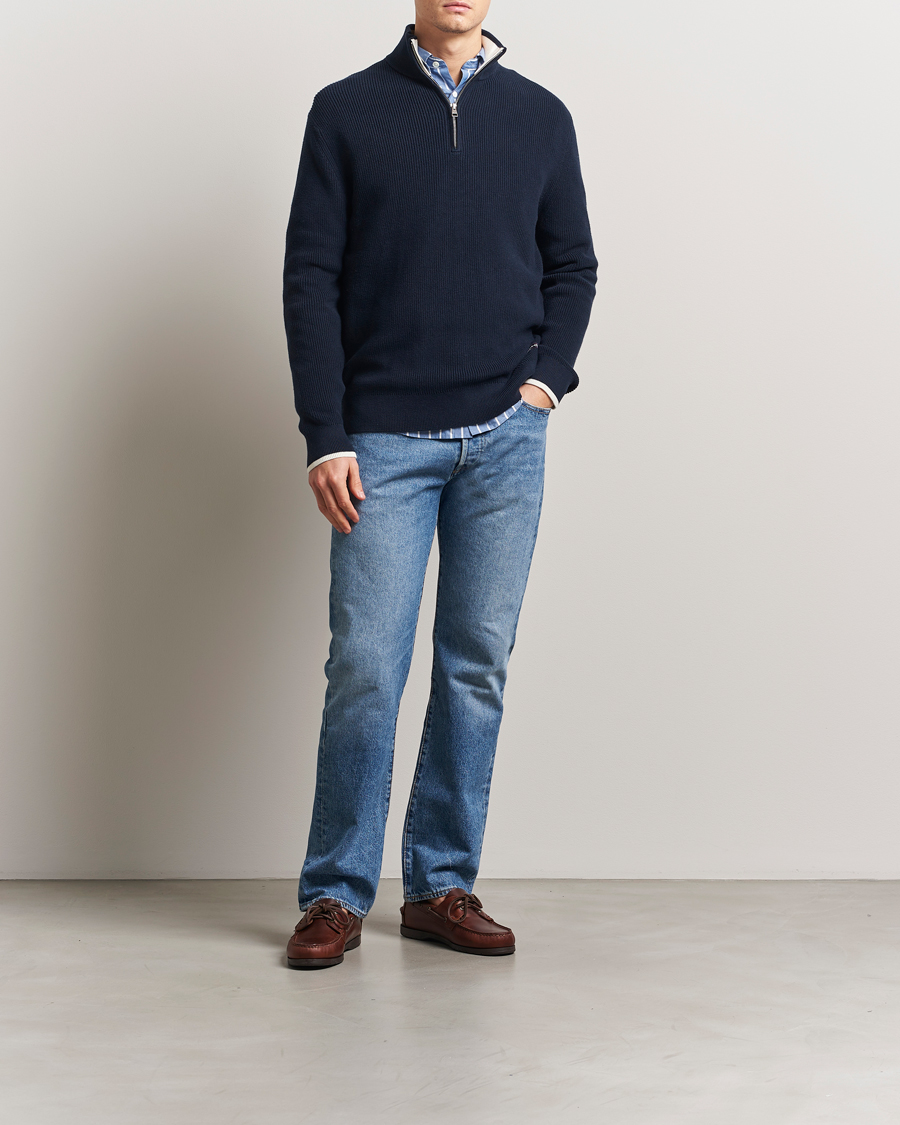 Men | Sweaters & Knitwear | GANT | Ribbed Cotton Half Zip Evening Blue