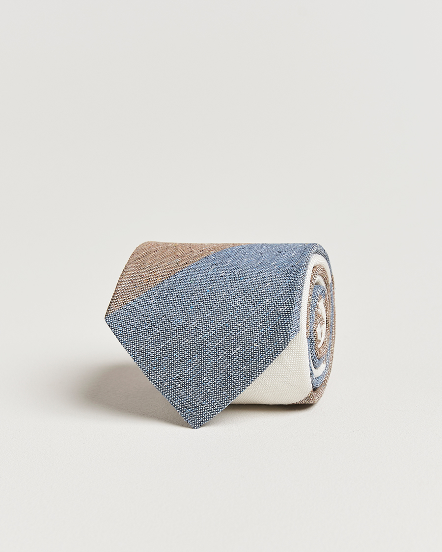 Men | Amanda Christensen Silk/Linen Bourette Block Striped 8cm Tie White/Blue/Brown | Amanda Christensen | Silk/Linen Bourette Block Striped 8cm Tie White/Blue/Brown