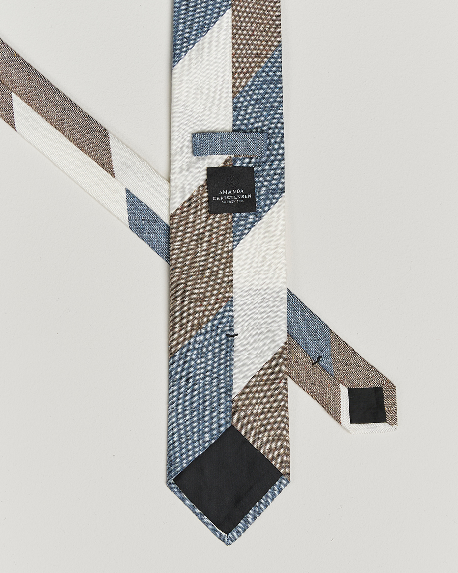 Men | Amanda Christensen Silk/Linen Bourette Block Striped 8cm Tie White/Blue/Brown | Amanda Christensen | Silk/Linen Bourette Block Striped 8cm Tie White/Blue/Brown