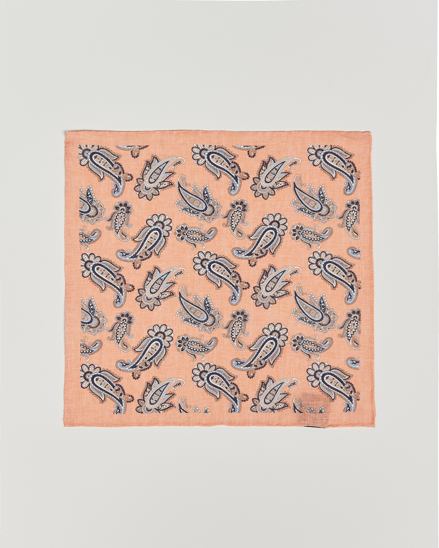 Men | Amanda Christensen Linen Printed Large Paisley Pocket Square Orange | Amanda Christensen | Linen Printed Large Paisley Pocket Square Orange