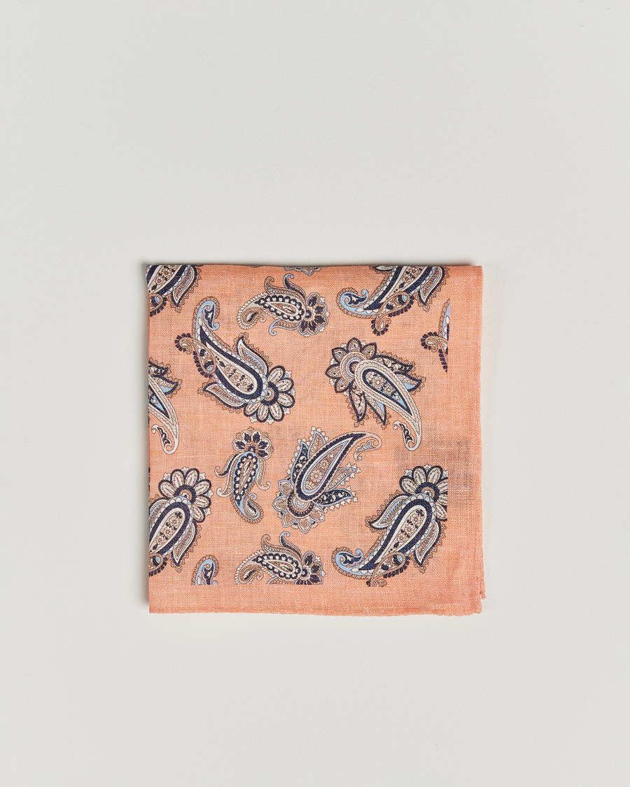 Men | Amanda Christensen Linen Printed Large Paisley Pocket Square Orange | Amanda Christensen | Linen Printed Large Paisley Pocket Square Orange