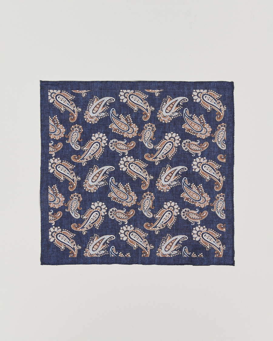 Men | Amanda Christensen Linen Printed Large Paisley Pocket Square Navy | Amanda Christensen | Linen Printed Large Paisley Pocket Square Navy