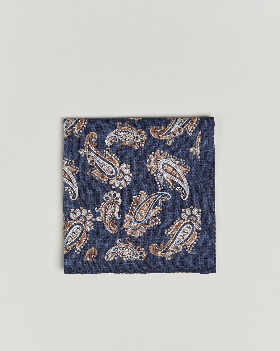 Men | Amanda Christensen Linen Printed Large Paisley Pocket Square Navy | Amanda Christensen | Linen Printed Large Paisley Pocket Square Navy