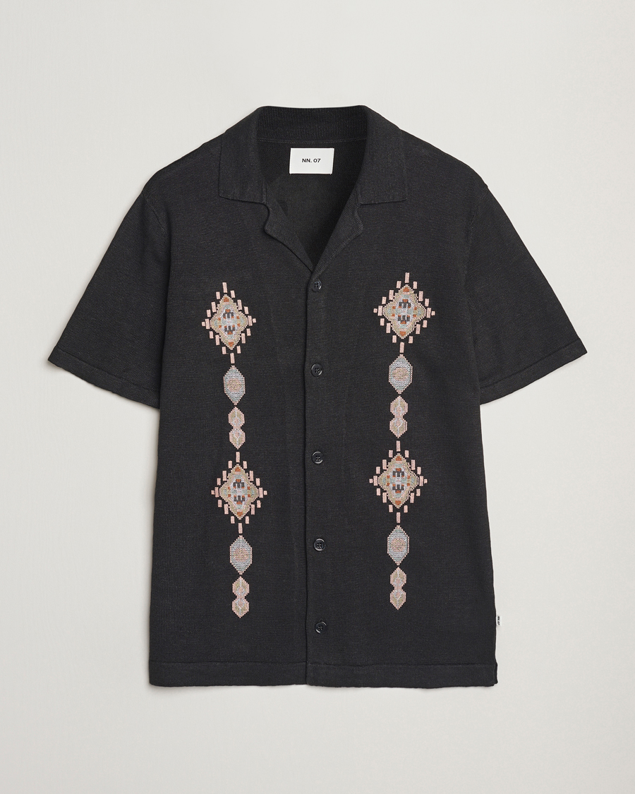 Men | Shirts | NN07 | Henry Printed Knitted Short Sleeve Shirt Black