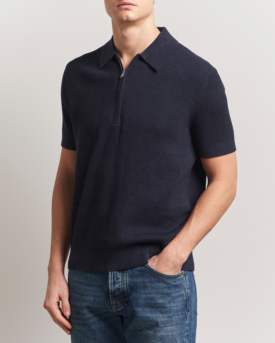 Men | Polo Shirts | NN07 | Hansie Half Zip Knitted Polo Navy Melange
