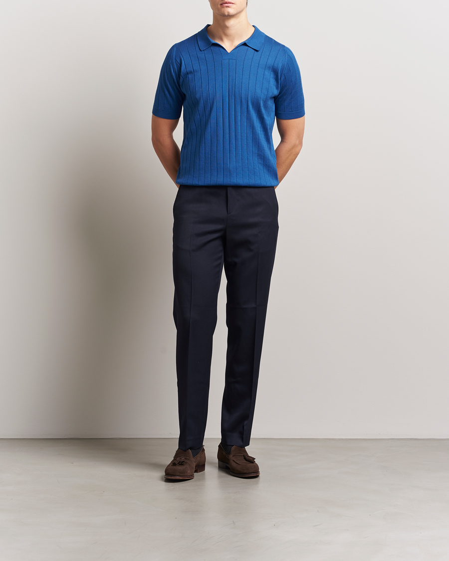 John Smedley Roper Open Collar Sea Island Polo Pacific Blue at