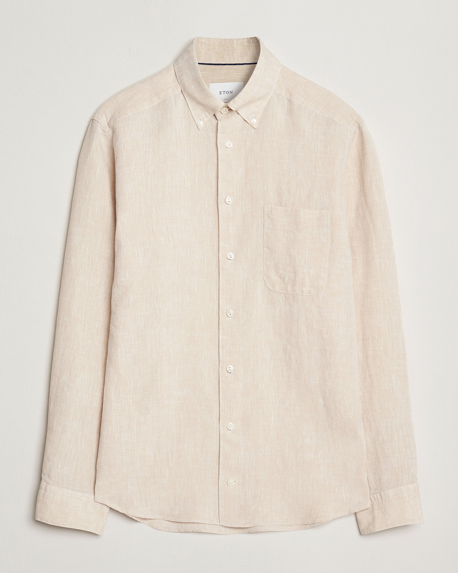 Men | Shirts | Eton | Slim Fit Linen Button Down Shirt Beige