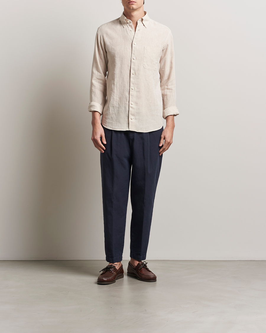 Men | Shirts | Eton | Slim Fit Linen Button Down Shirt Beige