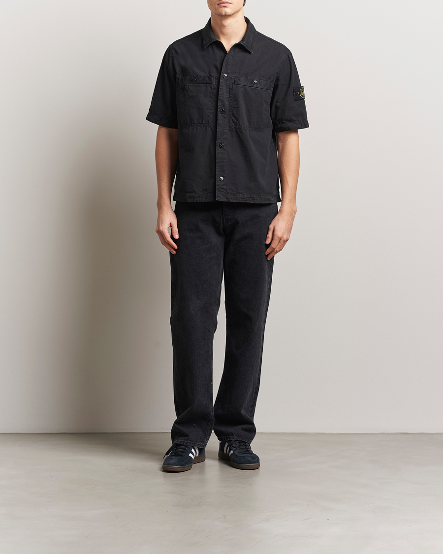 Men | Shirts | Stone Island | Cotton Canvas Old Effect Short Sleeve Shirt Black
