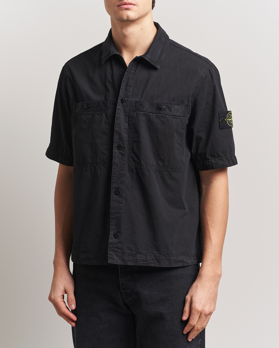 Men | Shirts | Stone Island | Cotton Canvas Old Effect Short Sleeve Shirt Black