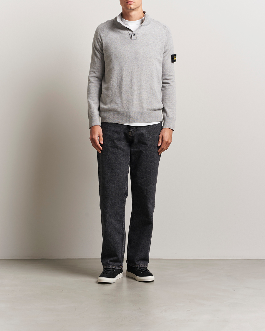 Men | Sweaters & Knitwear | Stone Island | Knitted Geelong Wool Half Button Zip Melange Grey