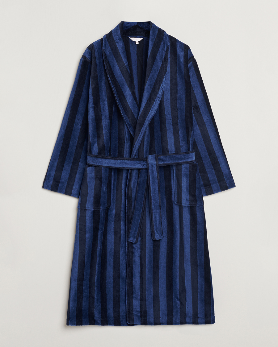 Men | Pyjamas & Robes | Derek Rose | Cotton Velour Striped Gown Navy/Blue