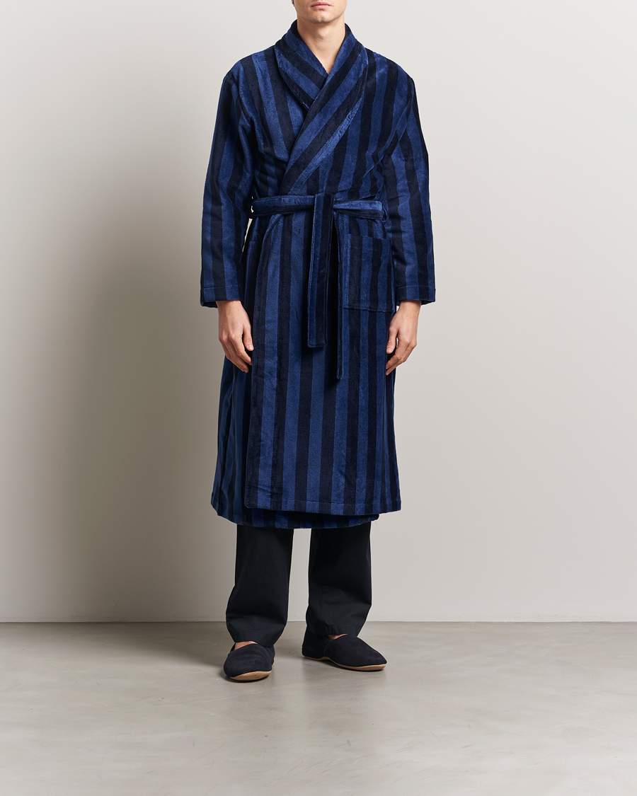Men | Pyjamas & Robes | Derek Rose | Cotton Velour Striped Gown Navy/Blue