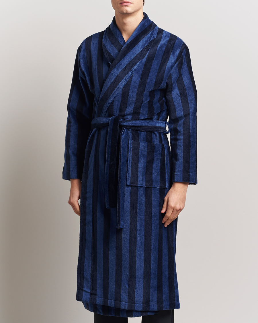 Men | Pyjamas & Robes | Derek Rose | Cotton Velour Striped Gown Navy/Blue