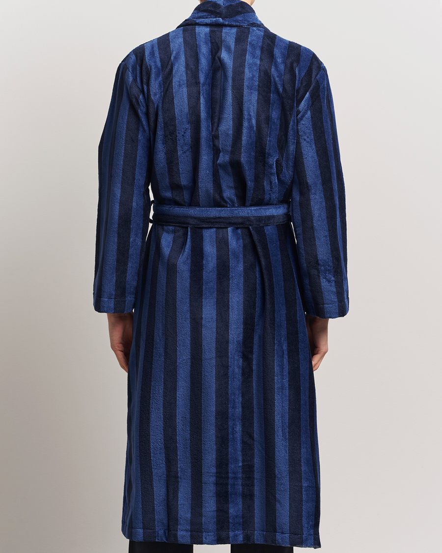 Men | Pyjamas & Robes | Derek Rose | Cotton Velour Striped Gown Navy/Blue