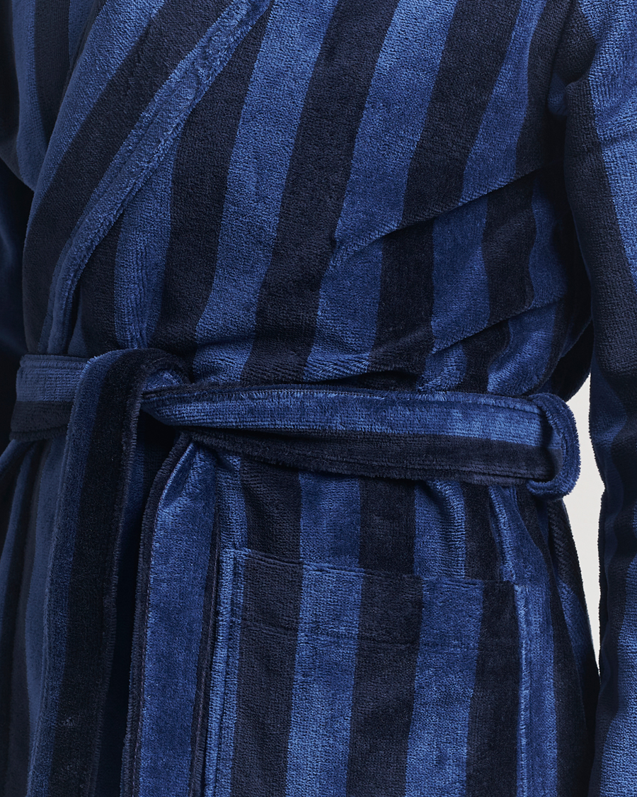 Men | Pyjamas & Robes | Derek Rose | Cotton Velour Striped Gown Navy/Blue