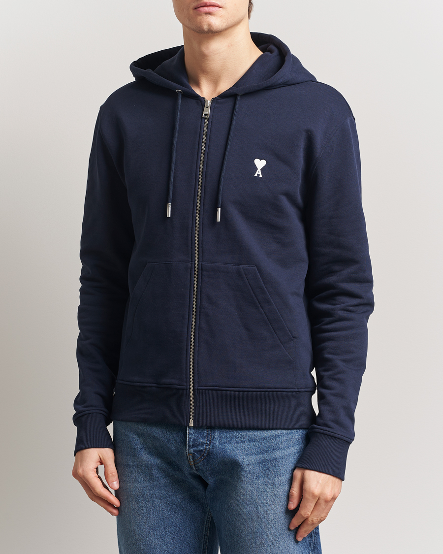 AMI Off White Heart Logo Full Zip Hoodie Night Blue at CareOfCarl.com