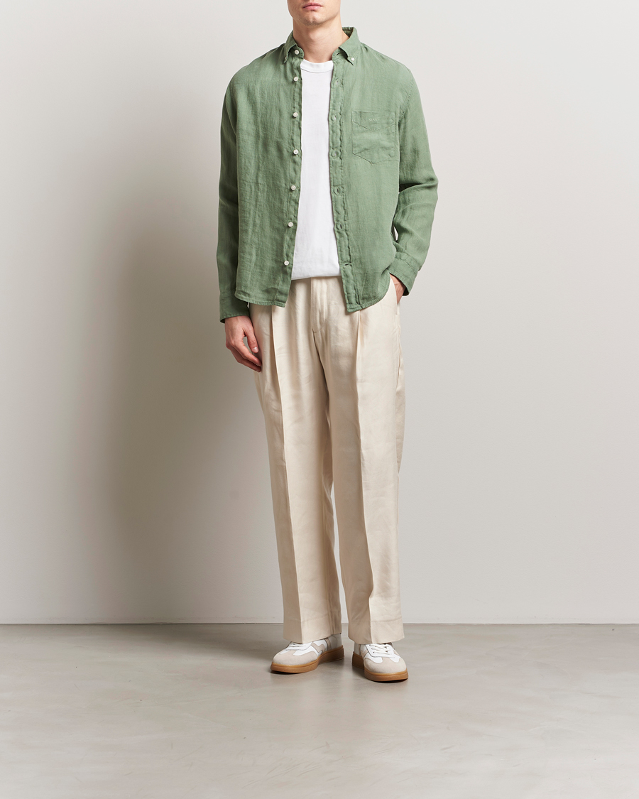 Men | Shirts | GANT | Regular Fit Garment Dyed Linen Shirt Kalamata Green
