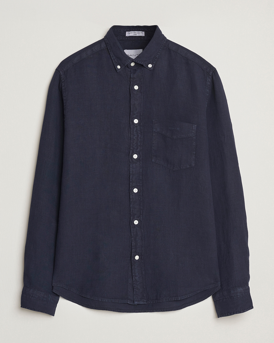 Men | Shirts | GANT | Regular Fit Garment Dyed Linen Shirt Evening Blue