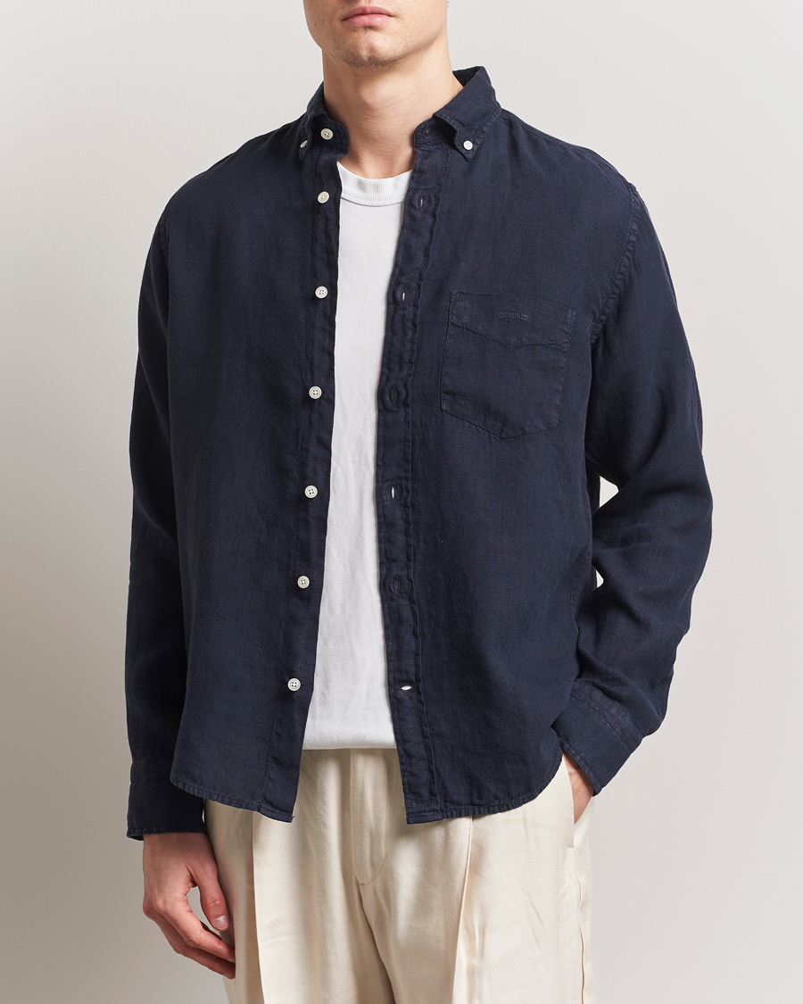 Men | Shirts | Gant | Regular Fit Garment Dyed Linen Shirt Evening Blue